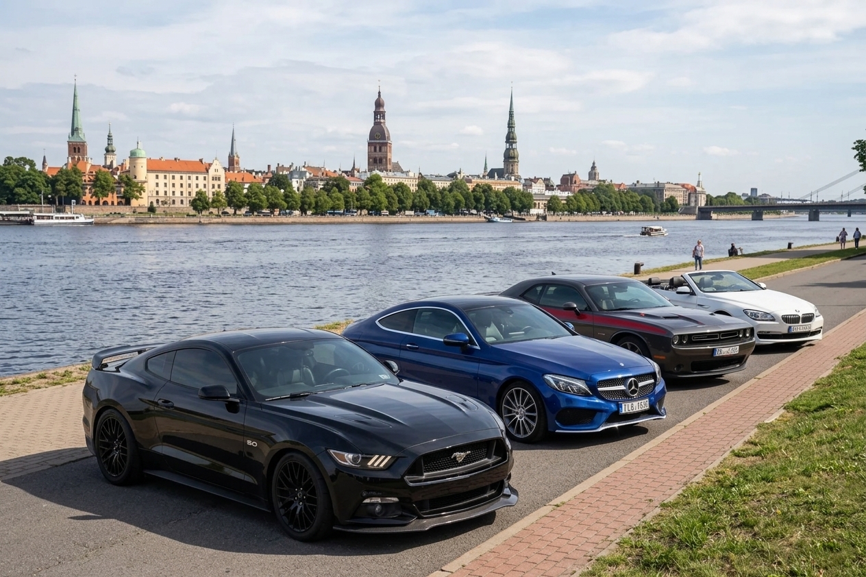 Kinetiks fleet on the Riga waterfront — Ford Mustang GT, Mercedes-AMG C-Class Coupé, Dodge Challenger and BMW 6 Series Convertible